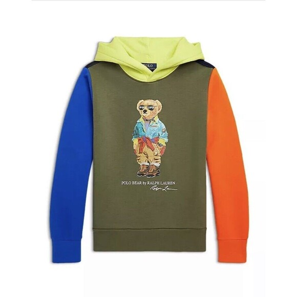 Polo Ralph Lauren Boys L(14-16) Bear Colorblock Hoodie Sweater Fleece Olive NWT - Picture 2 of 8